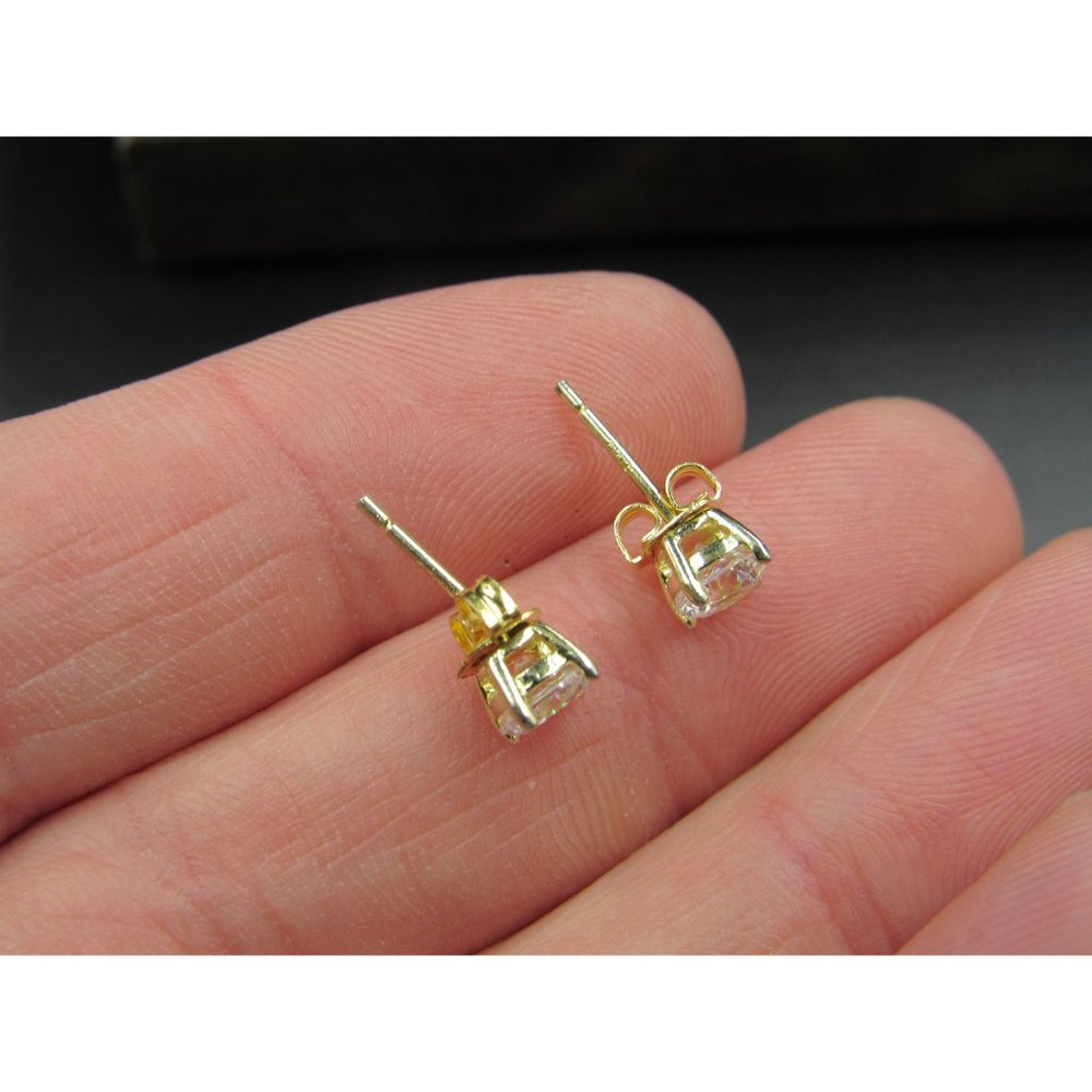 Sterling Silver Gold Plated Bright Round CZ Plain Stud Earrings Vintage Wedding - Picture 3 of 6